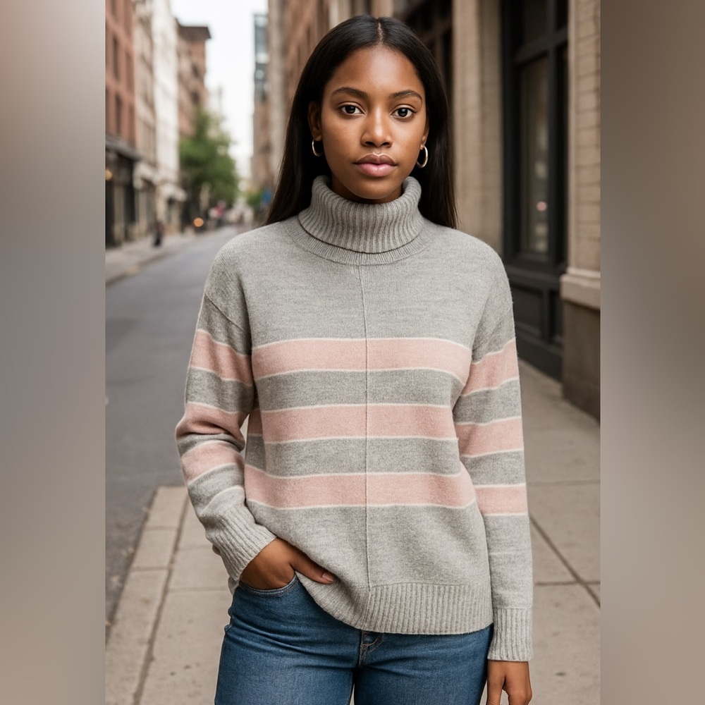 Caslon Gray & Blush Striped Turtleneck Sweater Size M